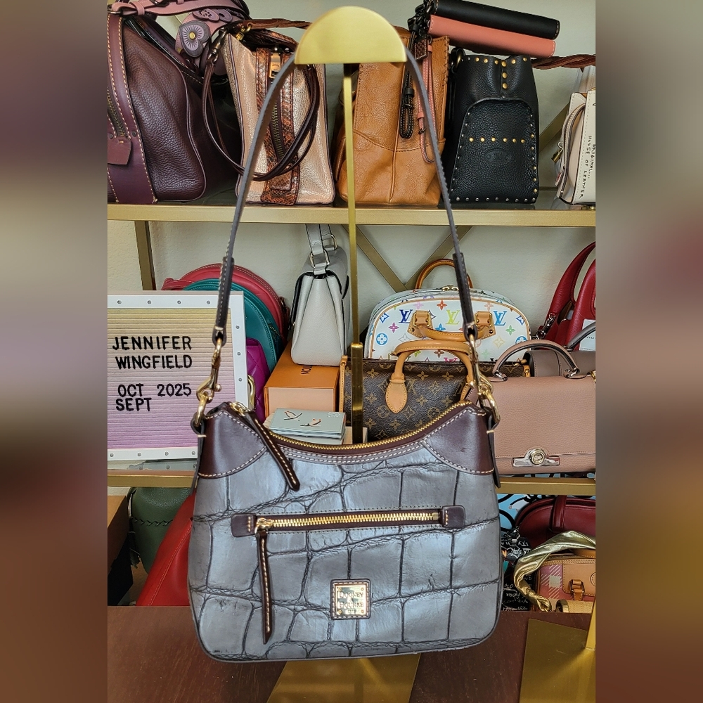 Denison CROCO Small Hobo Dooney & Bourke Shoulder Bag Gray